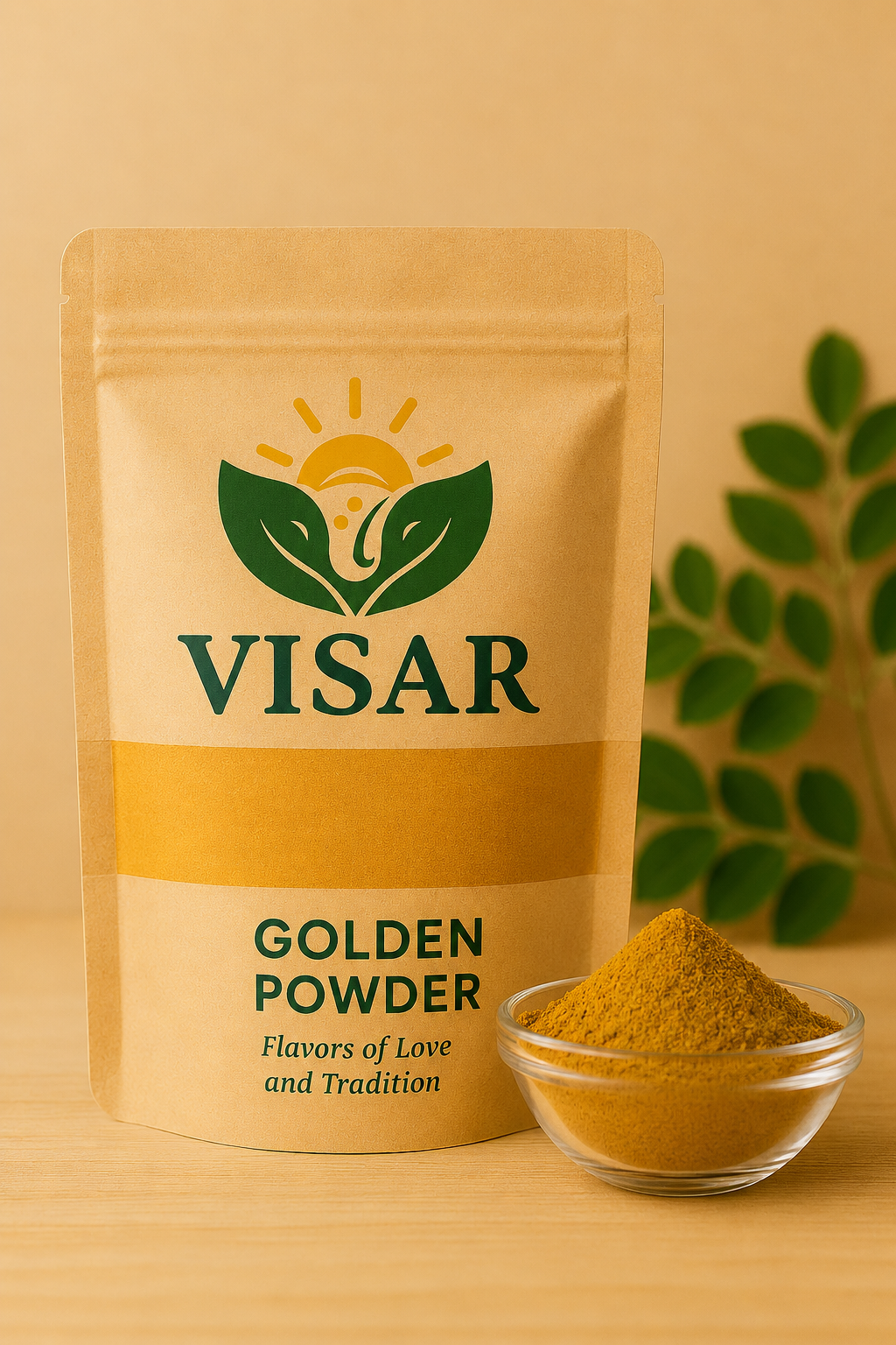 VISAR Golden Powder kraft pouch product image with glass bowl